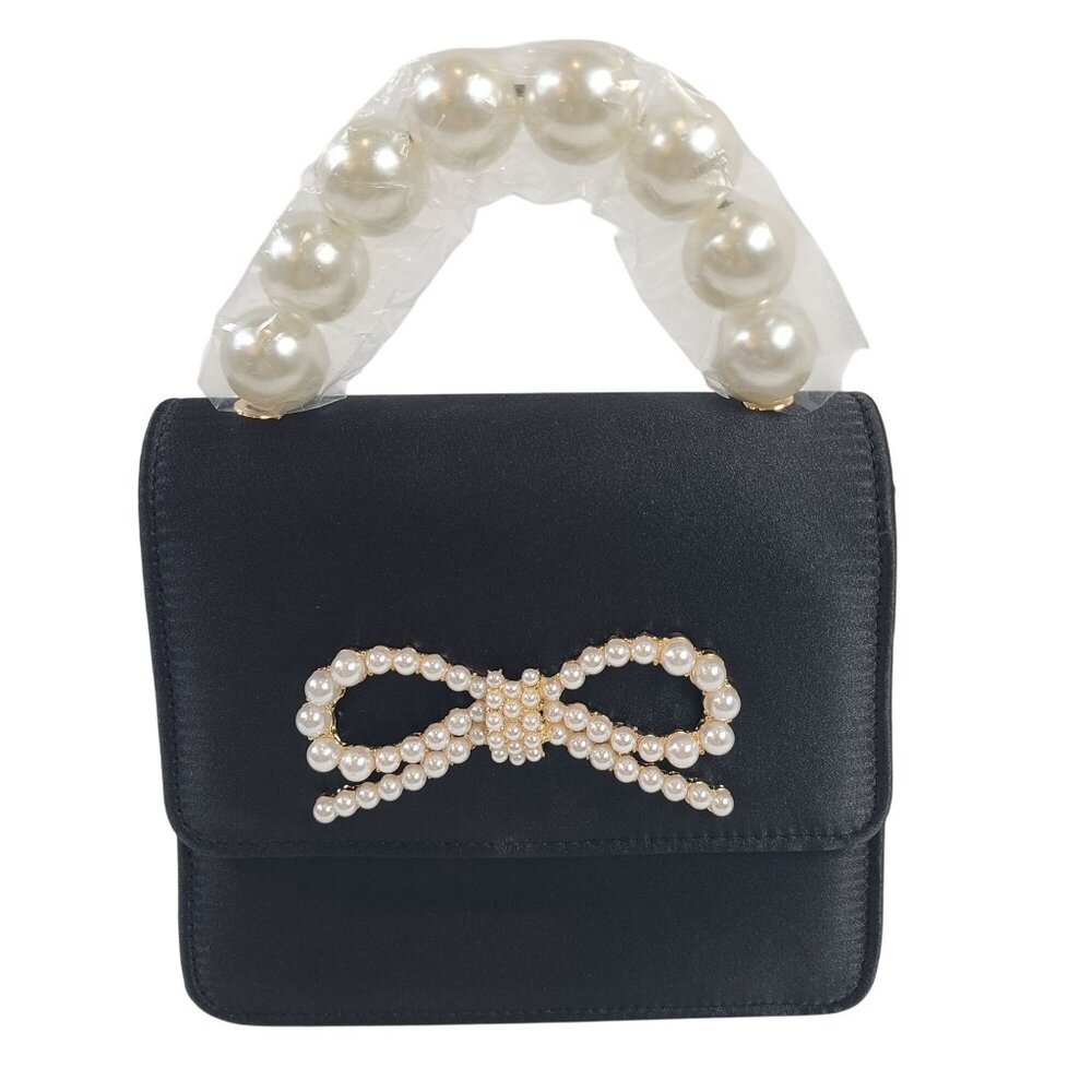 NWT Shiraleah Black Maude Mini Top Handle Bag Pearl Bow Accent Gold Chain Strap - Picture 6 of 10